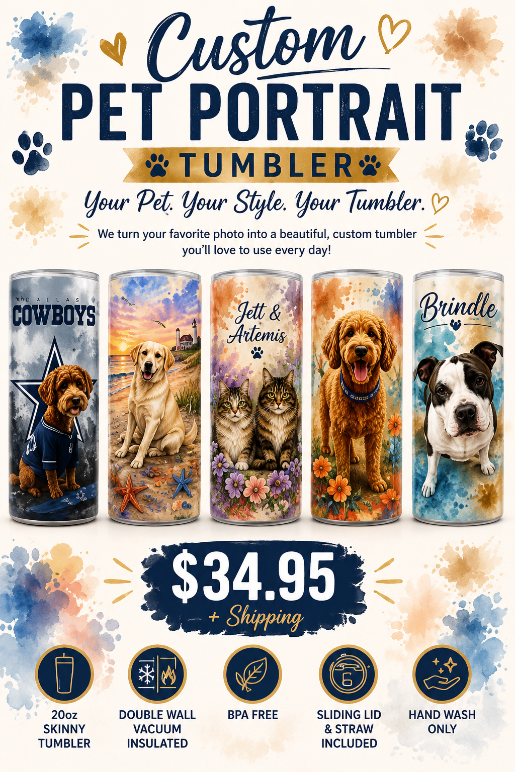 🐾 Your Pet on a Tumbler! Personalized 20 oz Skinny Tumbler | Custom Dog, Cat & Pet Portrait Gift